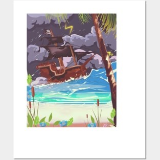 Pirate Ship in a Storm Posters and Art